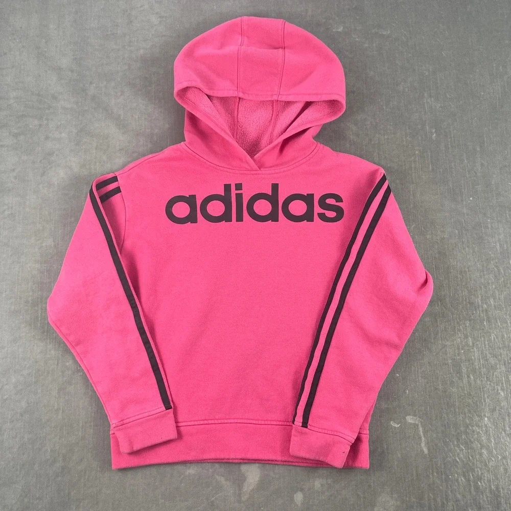 Adidas Girls M 10/12 Pink Hooded Sweatshirt 3-Stripe Logo Pullover Hoodie